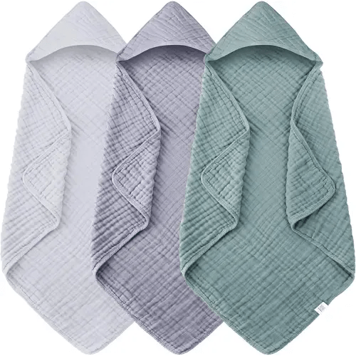 3-Pack Muslin Hooded Baby Towels, 100% Cotton, Ultra-Soft & Absorbent Baby Bath Towels with Hood for Babies, Infant, Toddler and Newbron (Grey, Green and Slate,32" x 32")