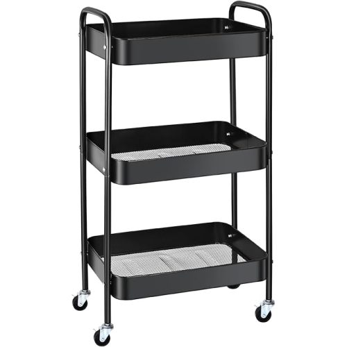 3 Tier Metal Utility Rolling Cart with Lockable Wheels, Multi-Functional Storage Cart for Kitchen, Bathroom and Office, Organizer for Art Supplies, Trolley for Dorm, Black
