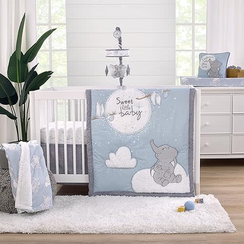 NoJo Disney Dumbo Sweet Little Baby Light Blue, Gray, and White Storks, Stars, Clouds and Moon 3 Piece Nursery Crib Bedding Set - Comforter, 100% Cotton Fitted Crib Sheet and Crib Skirt