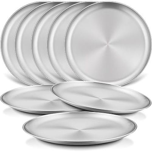 HaWare 8-Piece 18/8 Stainless Steel Kids Plates, 8 Inches Metal Dinner Plates for Toddler Children, Round Serving Plates for Feeding Camping, Non-Toxic Dishes, Shatterproof & Reusable, Dishwasher Safe