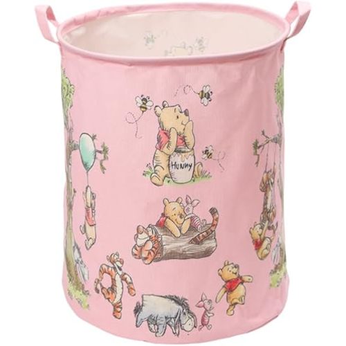 Winnie Nursery Storage Basket With A Waterproof PE Coating, Foldable Large Canvas Laundry Hamper, Barrel Shaped Decorative Storage Baskets Suitable For Bathroom and Bedroom (Pink)