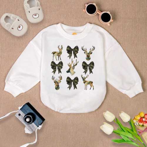 Deer Hunt Camo Coquette Bow Baby Outfit, Camo Bow Romper Sweatshirt, Girls Camo Bow Baby Romper, Huting Baby Bodysuit, Coquette Bow Gift
