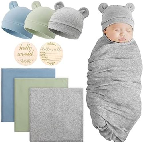 DRESHOW BQUBO Cotton Baby Swaddle Hat Set Newborn Infant Receiving Blankets with Bear Ears Hat Wooden Birth Announcement Card Newborn Unisex Swaddle Wrap Sets Warm Shower Gift