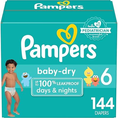 Pampers Baby Dry Diapers - Size 6, One Month Supply (144 Count), Absorbent Disposable Diapers