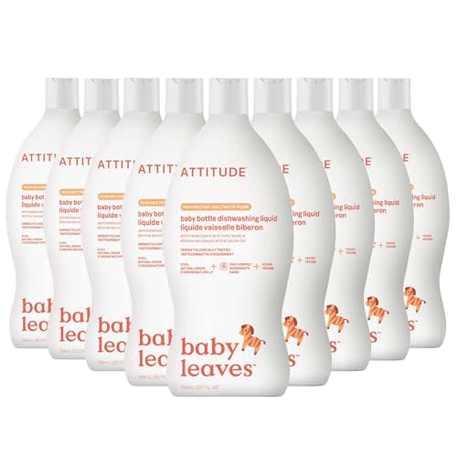 ATTITUDE Baby Dish Soap and Bottle Cleaner, EWG Verified Dishwashing Liquid, No Added Dyes or Fragrances, Tough on Milk Residue and Grease, Vegan, Pear Nectar, 23.7 Fl Oz (Pack of 9)