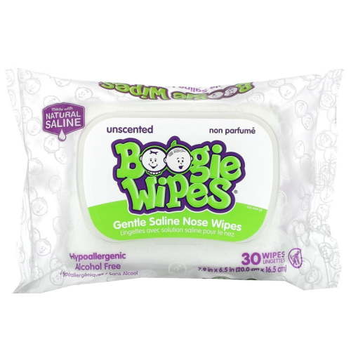 Boogie Wipes Gentle Saline Nose Wipes, Unscented, 30 Ct