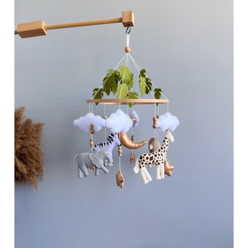 Baby mobile neutral animals Africa nursery mobile felt Africa safari giraffe, lion, rhino and elephant. Crib mobile moon and clouds mobile