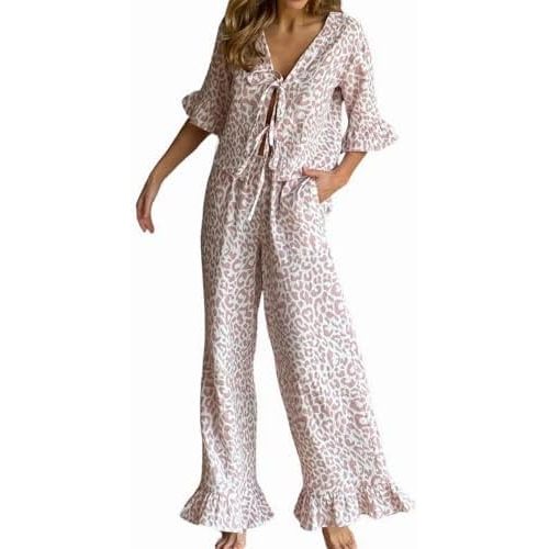 Womens Cotton Pajama Set Ruffle 2 Piece Tie Front Shirt and Long Pants Cute Printed Sleepwear