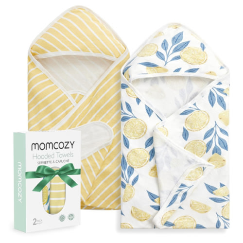 Momcozy Baby Hooded Towel, 2 Pack Baby Towel Set, Super Soft Bath Towel with Original Design, Shower Gifts for Infant, Toddler (28 X 28 Inch, Lemon Leaves)