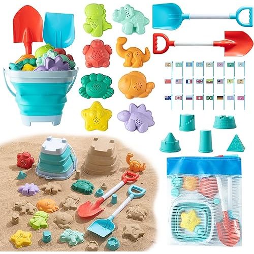 Sawaruita Beach Toys for Kids - Sand Toys Set Includes Collapsible Bucket Shovel and Mesh Bag 17 PCS, Toddlers Sandbox Toys Sandcastle Building Kit (Kids Beach Toy Set)