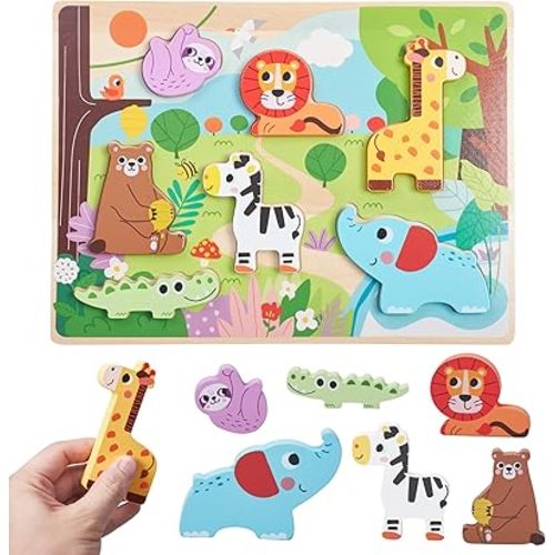 PREXTEX Baby Chunky Wooden Puzzles for Toddlers - Educational Zoo Animal Puzzle Set - Develops Hand-Eye Coordination and Fine Motor Skills - Ideal for Ages 18 Months and Up - 11.5 x 8.6 Inches