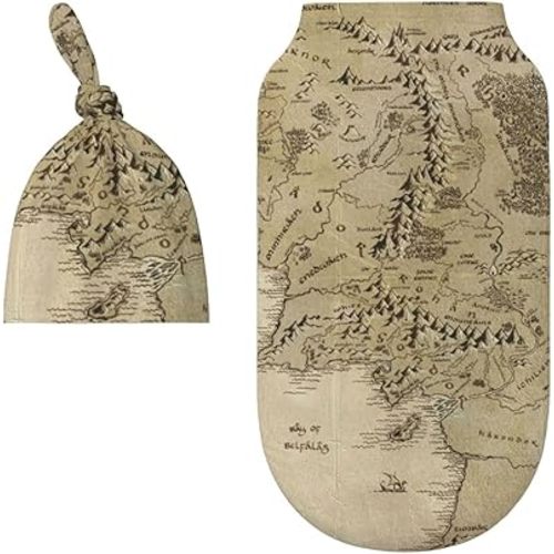 Middle Earth Map Pattern Baby Newborn Swaddle Blanket with Beanie Hat Set, 100% Cotton Receiving Blankets Sleep Sack for Boy & Girl Newborn Shower Gift