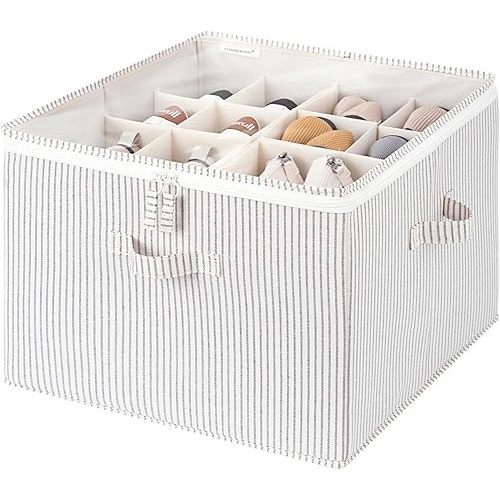 StorageWorks Shoe Organizer for Closet, Fits up to 16 Pairs, Shoe Cubby Storage Containers with Adjustable Dividers and Clear Cover, Gray and White Stripes