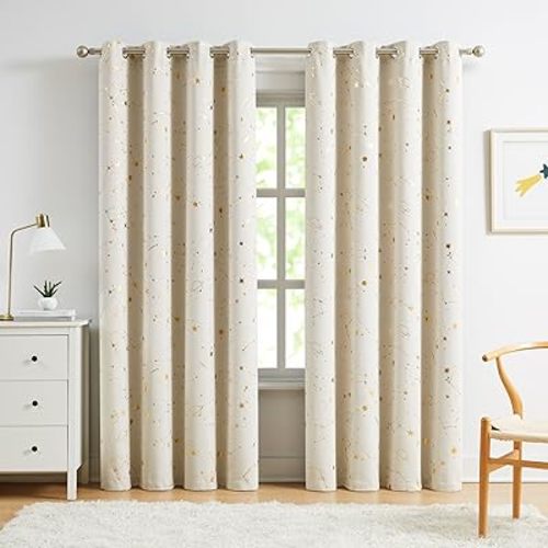 Beige Full Blackout Window Curtains Stellar Metallic Noise Reducing Panels 84 Inches Long Grommet Top for Kids, Thermal Insulation Window Treatment for Boys Girls Bedroom Living Room, 52Wx84Lx2