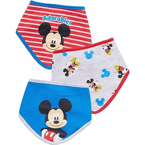 Disney Baby Unisex Mickey Mouse Bandana Bib 3-Pack - Mickey Mouse Baby Bibs (Blue/Red/Grey, 0-12M)