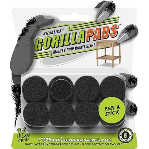 Slipstick GorillaPads CB147 Non Slip Furniture Pads/Gripper Feet (Set of 16) Self Adhesive Rubber Floor Protectors, 1 inch Round, Black