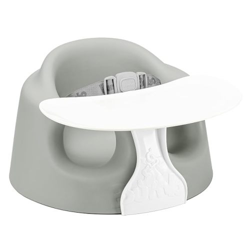 Bumbo Foam Infant Floor Seat Plus+ with Tray for Babies 3 to 12 Months Old, Monsoon - Portable Soft Baby Chair with Large Legroom and 3-Point Harness for Feeding and Play