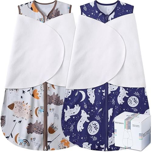 Newborn Sleep Sack Baby Swaddle,3-Way Adjustable Wearable Blanket,100% Rayon Cotton Swaddling Sleeping Bag,TOG 0.5 (Fox & Dinosaurs, 3-6 Months)