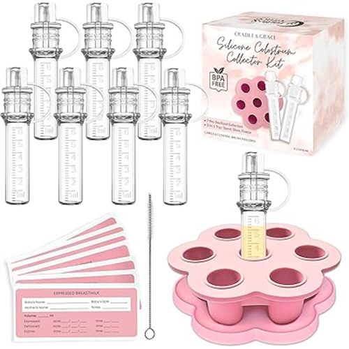 Cradle & Grace Colostrum Collection Kit with Multi-Use Storage Tray, 6ml/7pcs Presterilized Silicone Colostrum Collector, Reusable Colostrum Syringes Freezer Safe, Heat Safe, Breast Feeding Essentials