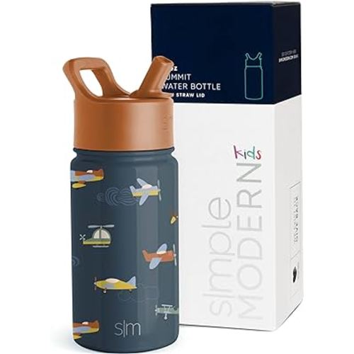Simple Modern Kids Water Bottle with Straw Lid | Insulated Stainless Steel Reusable Tumbler for Toddlers, Boys | Summit Collection | 14oz, Wheels Up