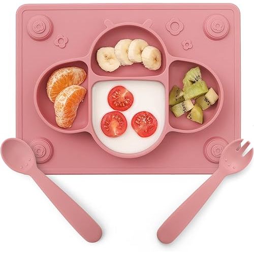 ROCCED Suction Plates for Baby Placemat Spoon Fork Set for Toddlers, Silicone Baby Plates with Suction Baby Dishes for Kids Plates-pale mauve