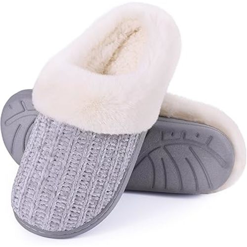Evshine Warm Knit House Slippers for Women Comfy Wool-Like Lined Chenille Slippers with Memory Foam and Indoor Outdoor Soles