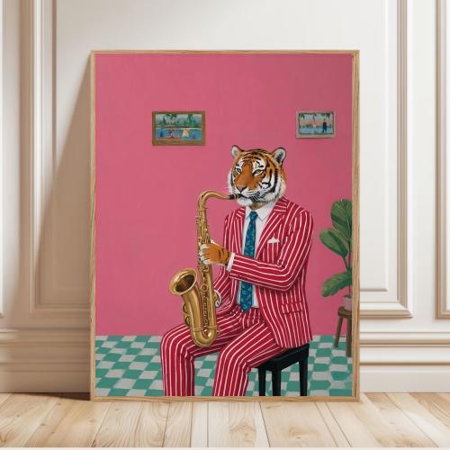 Whimsical Animal Tiger Wall Art, Modern Jazz Saxophone Music Canvas Print