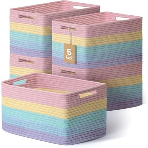 5 Pack Rainbow Woven Storage Baskets for Shelves, Decorative Toy Baskets Organizer for Kids Room, Nursery, Playroom, Classroom – Colorful Cotton Rope Toy Storage Bins for Organizing & Decor