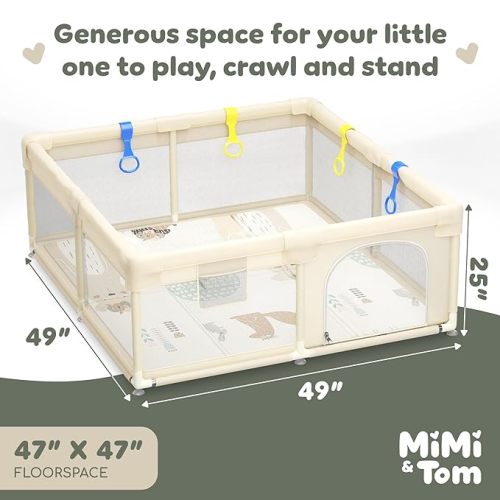 MiMi & Tom Baby Playpen with Mat Included - Safe Baby Play Yard with 4 Pull Up Rings, Kids Playpen Ocean Balls, and Toy Storage Basket - Minimalist Large Playpen for Babies and Toddlers, 49" x 49"