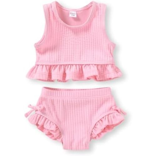 HAPPYMA Baby Swimsuit Toddler Girl Bathing Suit Summer Solid Color Bikini Set Beach Two Piece Swim Wear