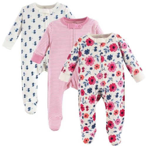 Touched By Nature Baby Girl Organic Cotton Zipper Sleep And Play 3pk, Garden Floral, 0-3 Months