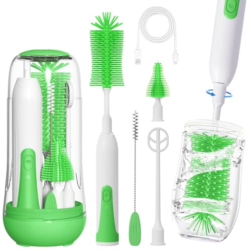 Electric Baby Bottle Brush, Rechargable Electric Bottle Brush Cleaner for Travel, Portable Baby Bottle Cleaner Brush Set with Silicone Bottle Brush, Nipple Brush, Straw Brush(Vintage Green)