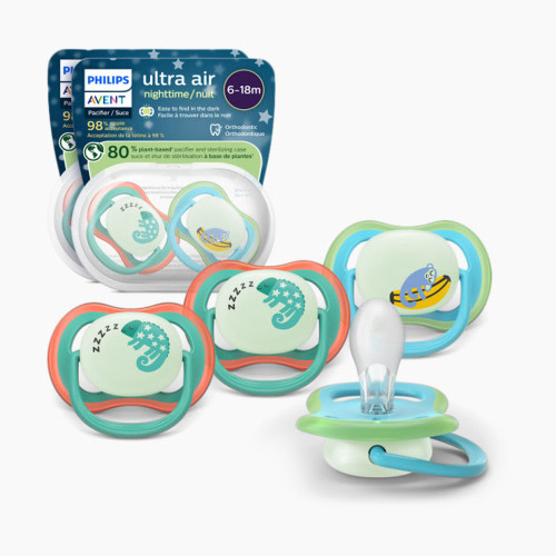 Philips Avent Ultra Air Pacifier Night 6-18M (4 Pack) - Chameleon / Sleeping Monkey, 6-18M
