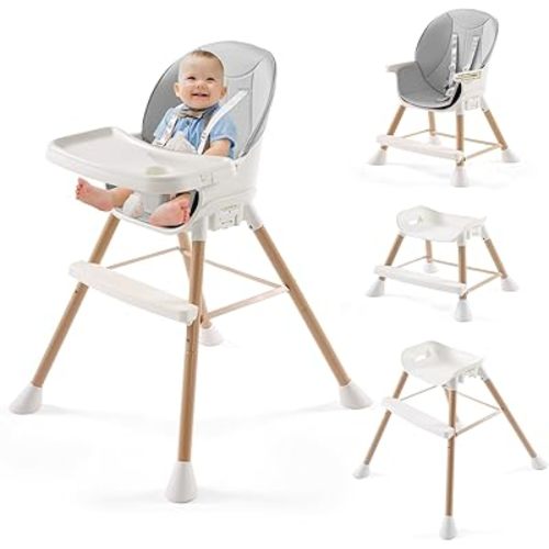 6 in 1 Baby High Chair, Convertible High Chairs for Babies and Toddlers, Adjustable Infant Baby Feeding Chair with Dishwasher Safe Tray (Light Grey)