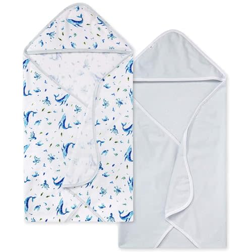 Burts Bees Baby Infant Hooded Towels Whale of a Tale Organic Cotton, Unisex Bath Essentials and Newborn Necessities, Soft Nursery Towel with Hood Set, 2-Pack Size 29 x 29 Inch