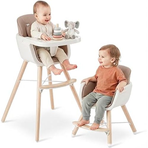 Mallify 3-in-1 Wooden High Chair, Convertible High Chairs for Babies and Toddlers, Baby Highchair with Adjustable Legs & Dishwasher-Safe Tray, Sleek Hardwood & Premium PU Cushion, Brown