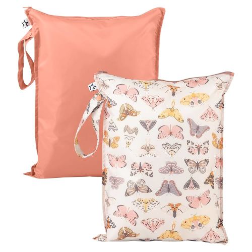 Tiny Twinkle Mess- Proof Waterproof Wet Dry Bag | 2-Packk Reusable Wet Bags for Swimsuits & Baby Clothes | Leakproof Wet Bag for Travel & Diaper Changes for Baby (Flutter)