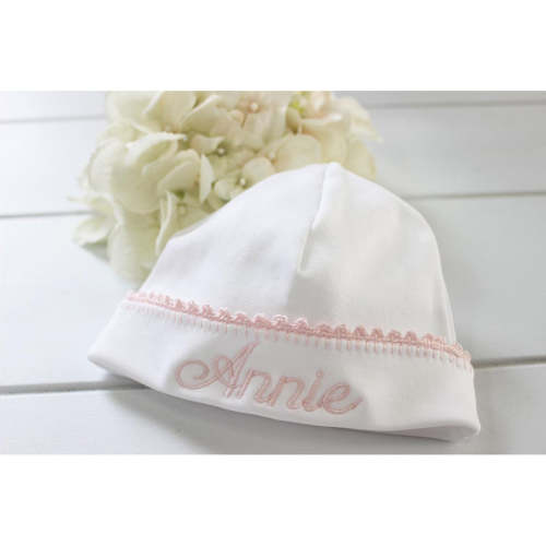 Baby Girls White Pink Take Home Beanie Hat Crochet Trim
