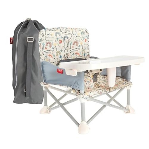 Nuby Easy Go Pop Up Foldable Booster Seat with Removable Tray and Travel Bag - Travel Floor and Booster Seat for Indoor/Outdoor Use - 3-Point Safety Adjustable Straps - 6+ Months, Safari