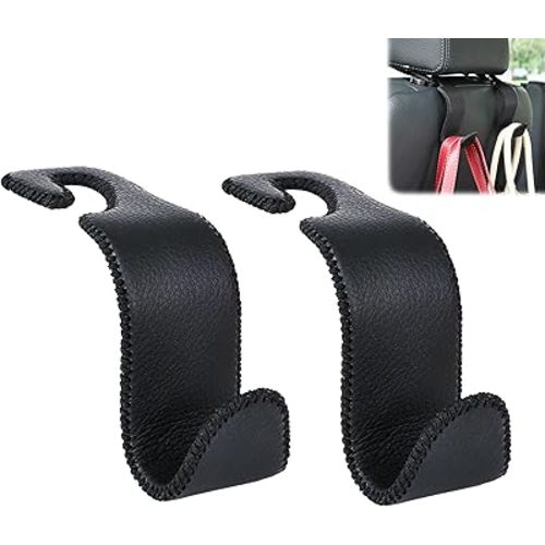 Amooca Car Seat Headrest Hook Universal Vehicle Storage Hanger Leather with Metal Car Seat Back Organizer for Handbag Purse Coat Black 2 Pack
