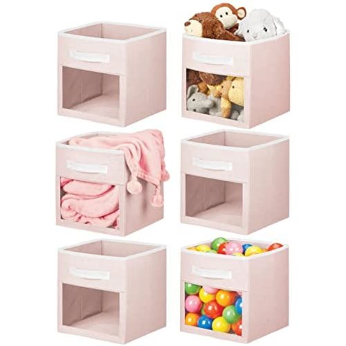 mDesign Fabric Nursery/Playroom Closet Storage Organizer Bin Box with Front Handle/Window for Cube Furniture Shelving Unit, Hold Toys, Clothes, Diapers, Bibs, Jane Collection, 6 Pack, Light Pink/White