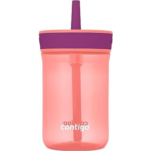 Contigo Kids’ Leighton Straw Tumbler with Spill-Proof Leak-Proof Lid, 14oz, Coral/Grape