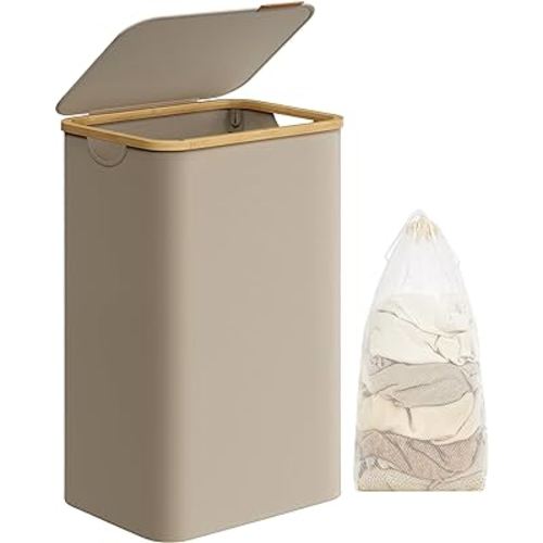 SONGMICS Laundry Hamper with Lid, Large Laundry Basket, 23.8 Gallons (90L), Removable Mesh Liner, Bamboo Handles, Collapsible, 16.5 x 12.6 x 27.8 Inches, Camel Brown ULCB509N01