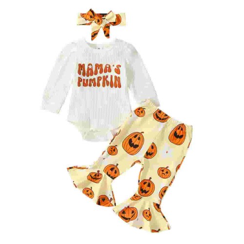 Newborn Baby Girl Halloween Outfits Long Sleeve Romper Tops Pumpkin Bell-Bottom Flare Pants Headband Infant Fall 3Pcs Clothes Set