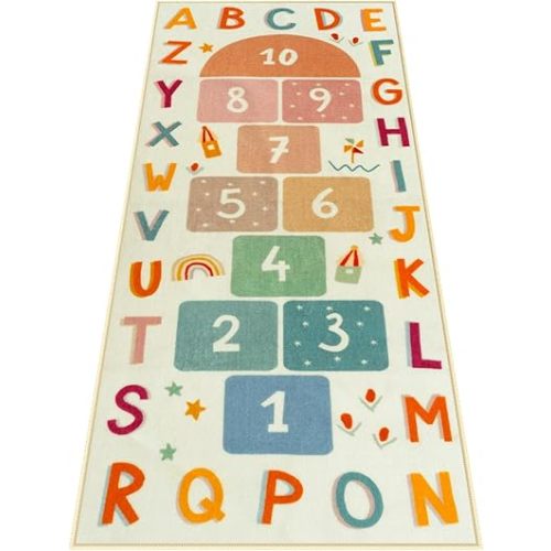 STARUIA Washable Hopscotch Kids Rug for Playroom, Colorful Educational Classroom Rugs with ABC Number, Non Slip Girls Bedroom Rug Game Carpet for Kids Room Nursery(Beige, 31.5''x72'')