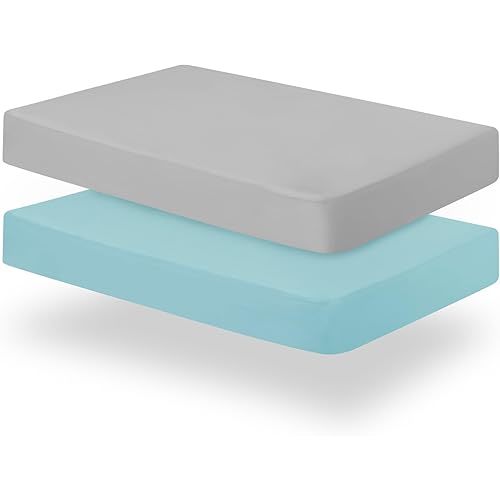 Biloban Crib Sheets Fitted, 2 Pack Crib Sheet Fits for Standard Crib Mattress, Neutral Toddler Bed Sheets for Baby Boys and Girl, Grey & Aqua, 52”X 28”