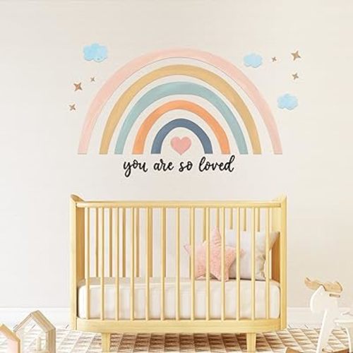 Containlol 30 x 14 Inch Rainbow Wall Decal Pastel Large Heart Wall Stickers Decor Peel and Stick, Boho Wallpaper Decor for Girls Kids Bedroom Nursery Playroom(Blue Pink,Cute)