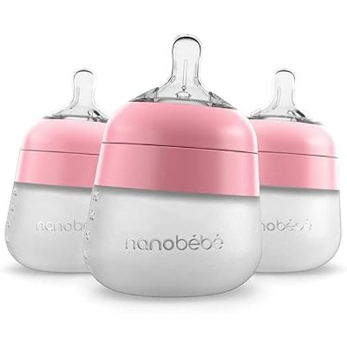 Nanobébé Flexy Silicone Baby Bottle, Anti-Colic, Natural Feel, Non-Collapsing Nipple, Non-Tip Stable Base, Easy to Clean 3-Pack, Pink, 5 oz