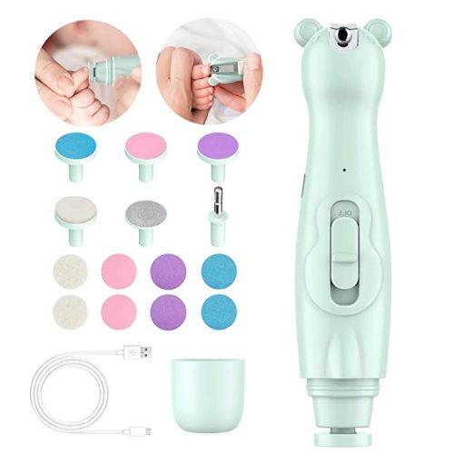 Lupantte Baby Nail Trimmer Electric Nail File with Light 2 in 1 Nail Clippers for Baby, 14 Replacement Grinding Heads Trim Polish Grooming Kit for Newborn & Adult - Green2