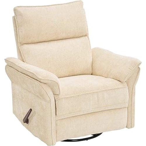 Swivel Rocker Recliner with Adjustable Headrest,Upholstered Glider Rocker Recliner with Overstuffed Armrest,Manual Recliner Nursery Chair for Living Room,Beige